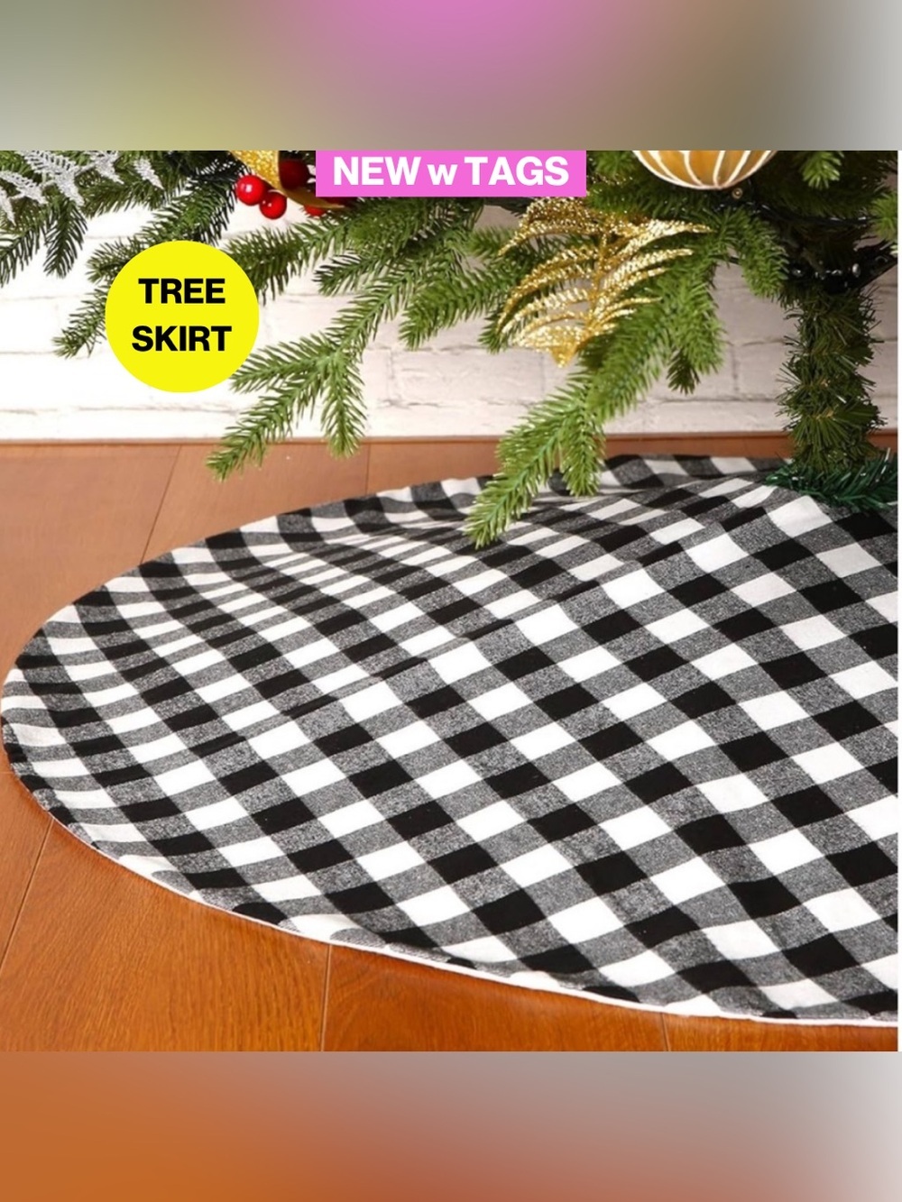 NEW 🎄2/for $20 🪩 Black & White Buffalo Plaid Checkered Tree Skirt - 48 x 22